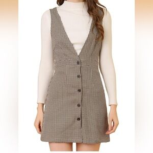 Allegra K Brown & White Houndstooth Button-Front Pinafore Mini Dress